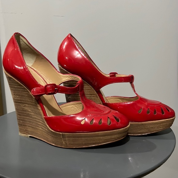 Philosophy new red patent leather wedge heel.